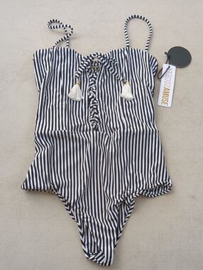Amuse Society Navy and White Vertical Stripe One-Piece Swimsuit